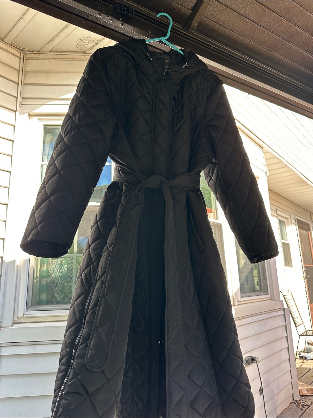 Women's Black Quilted Hooded Belted Coat size 3x